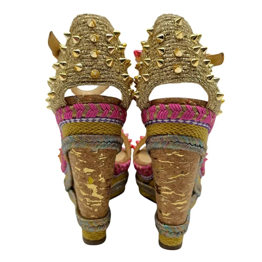 Christian Louboutin Metallic Pink & Gold Spike Embellished Cork Wedge Sandals